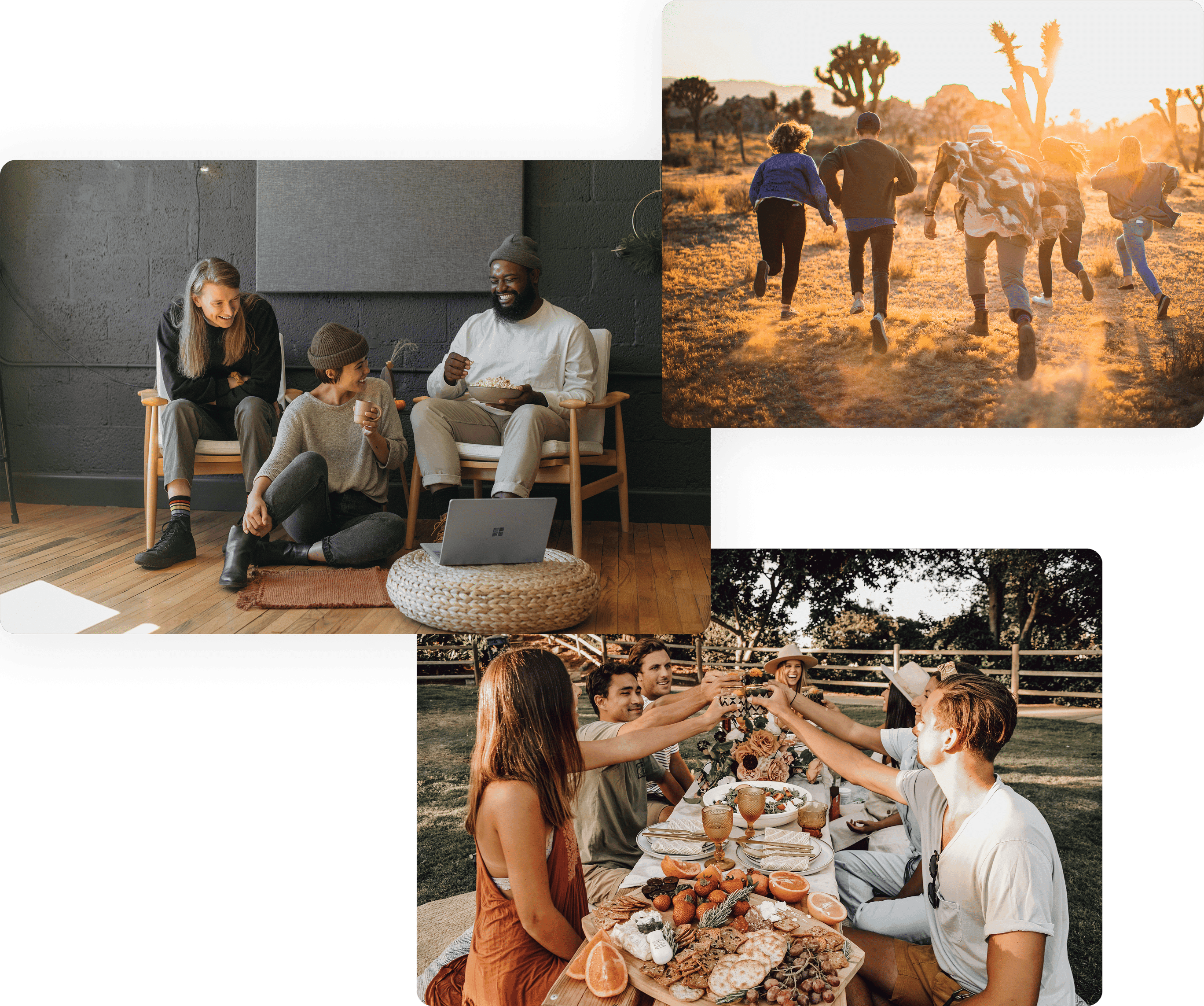 A global community built on collaboration Collage of people working together indoors, running outdoors and sharing a meal, representing community, teamwork and a global work culture